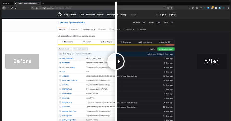 A screenshot of a github web page with the left side showing it without Night Eye and the right side showing the site with Night Eye in Dark Mode.