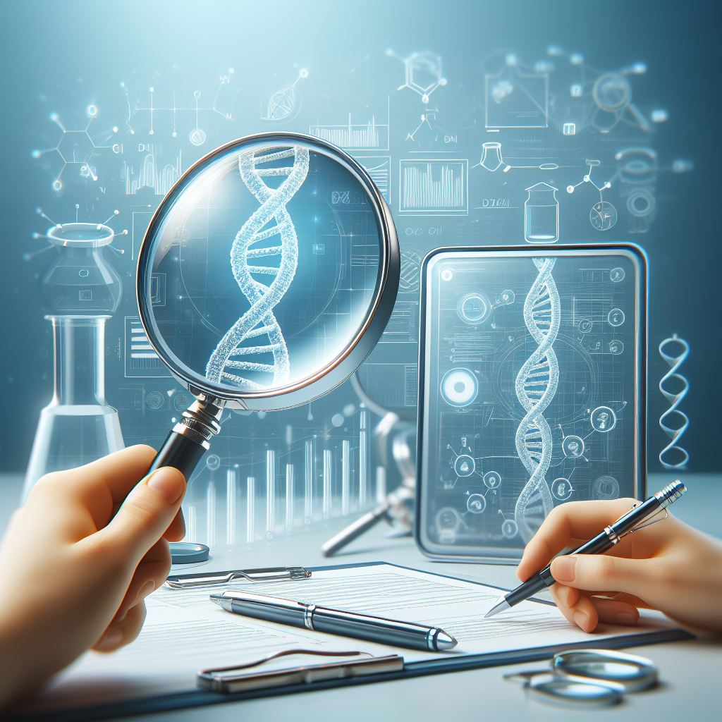 The image you sent depicts a person examining a holographic DNA strand through a magnifying glass, surrounded by scientific equipment and digital displays of molecular structures. The DNA strand is blue and appears to be three-dimensional, floating in mid-air. The background is filled with digital displays showing various chemical structures and molecular formulas in white lines against a blue backdrop. On the table, there are several pieces of scientific equipment including test tubes in a stand, a flask, and metallic tools likely used for dissection or examination. There's also an illuminated tablet displaying another image of the DNA strand amidst circular patterns suggestive of data analysis or scanning processes. The overall atmosphere suggests an advanced technological setting for scientific research or experimentation.