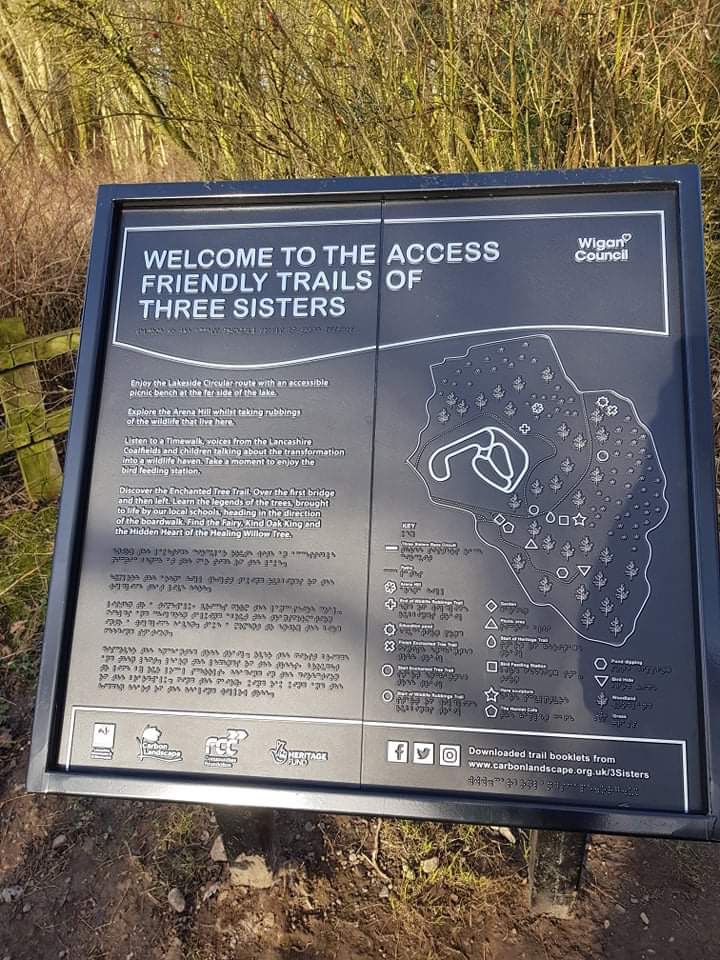 Photo of a Tactile sign by Wigan Council showing the trails of three sisters