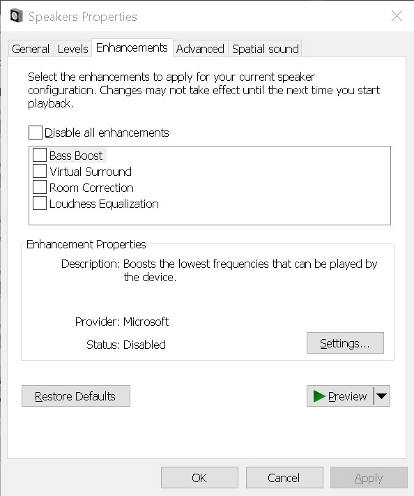 Screenshot of the sound device prioperties, on the enhancements page with all enhancements unchecked.