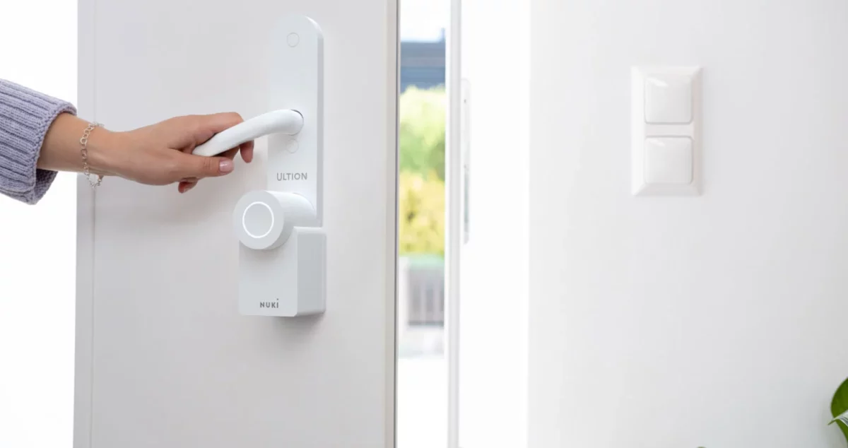 Photo of a u-PVC door installed with an Ultion Nuki Smart Lock.