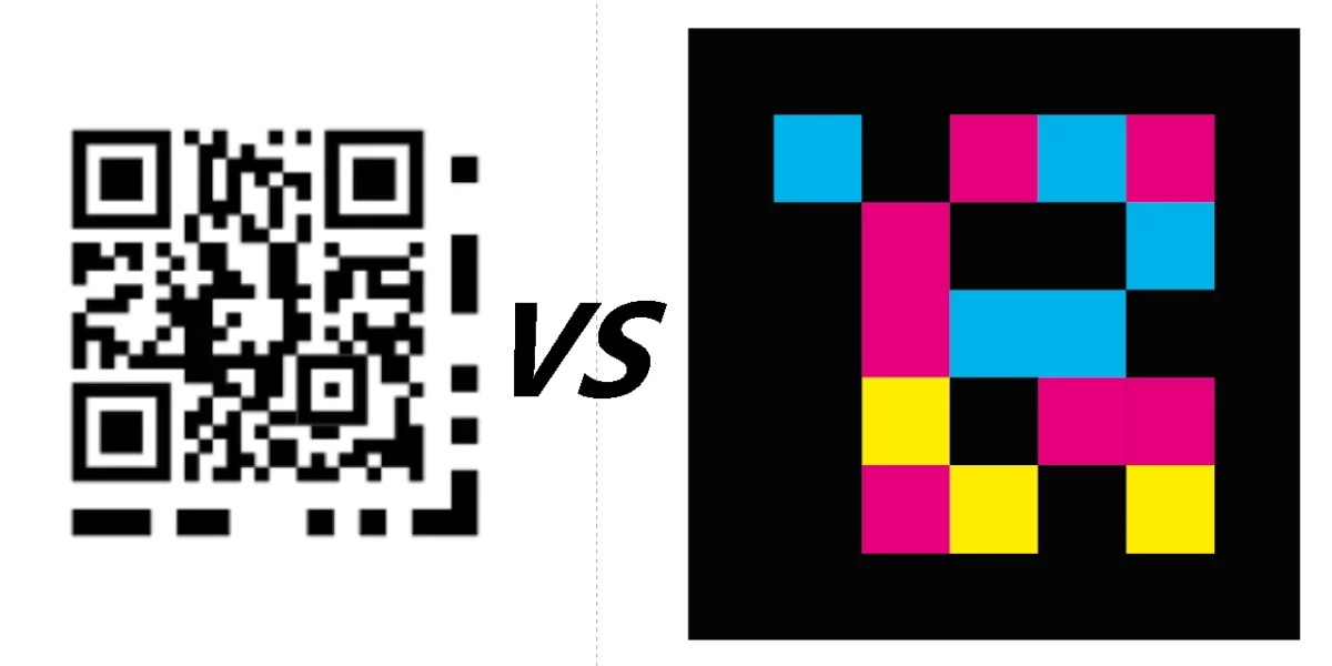 Image of a Zapvision Accessible QR code with the text VS followed by an image of a NaviLens Tag
