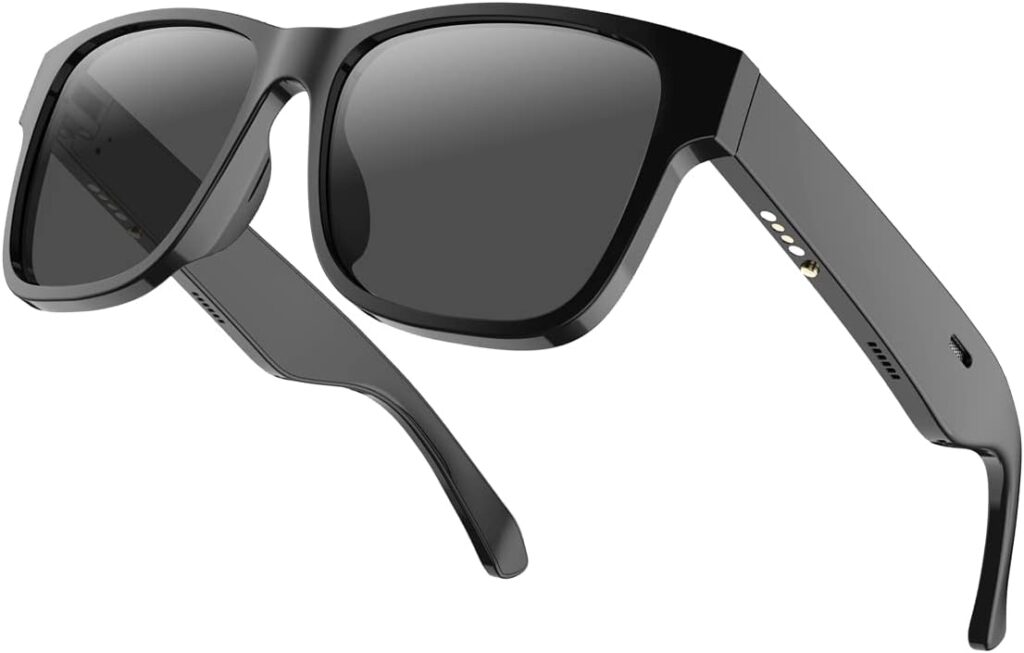 Ruimen smart audio sunglasses. Black sunglasses with polarising lenses. Magnetic charging connection and button under each arm.