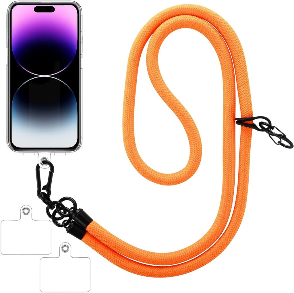 Orange lanyard connected to an iPhonee with black clips. Additional black clips for glasses or another device are position further up the lanyard. Clear plastic tag to place in the iPhone case with a tab to stick out through the charging port hole. the tab has a hole in it for the lanyward to connect to.