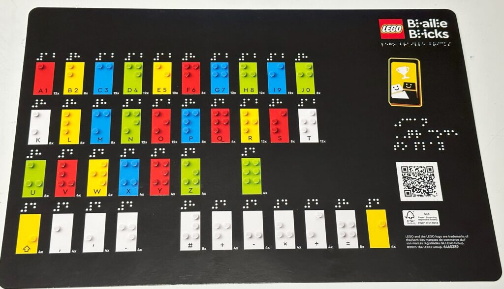 Lego Braille Bricks set contents card. Embosed versions of each brick with the quantity listed in braile above each. Braille to tell you to scan the QR code.