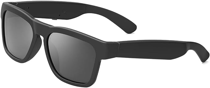 Image of Oho Sunshine Sunglasses. Classic black framge and dark lense style sunglasses with speajers in the arms.