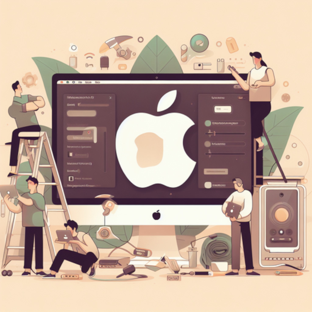 The image is a digital illustration promoting the installation of Mac apps using HomeBrew. The central focus is the large, bold text "Mac App Install with HomeBrew" displayed prominently in white font. Behind the text, there's a faded Apple logo. Illustrations of people are seen engaging in various activities related to technology and computers. One person is on a ladder reaching towards something above. Another person is standing and holding what appears to be a laptop or book. A third individual seems to be working on or examining something on the ground. There are also illustrations of computer interfaces and other tech-related imagery surrounding the characters.