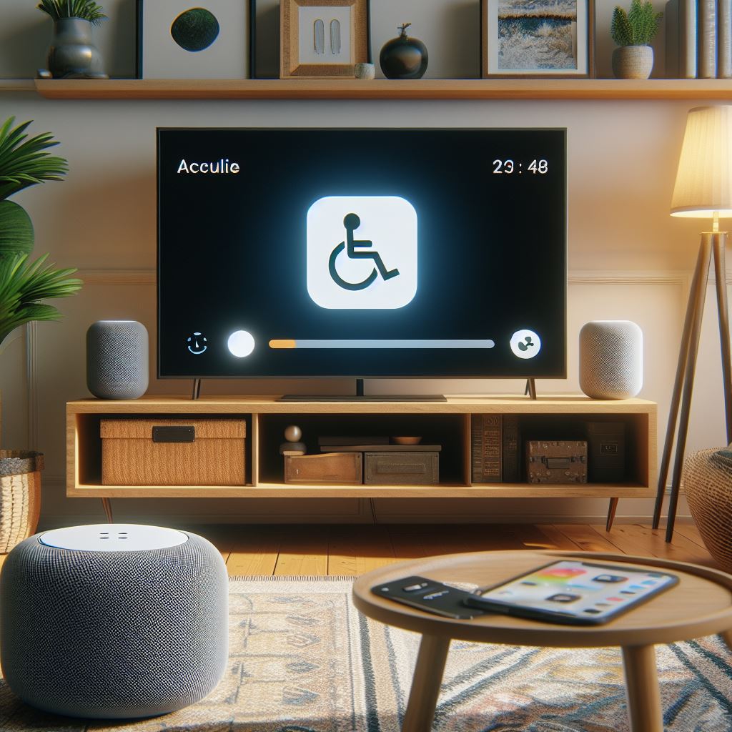 A room with a TV and Apple HomePod speakers. The screen displays an accessibility icon.