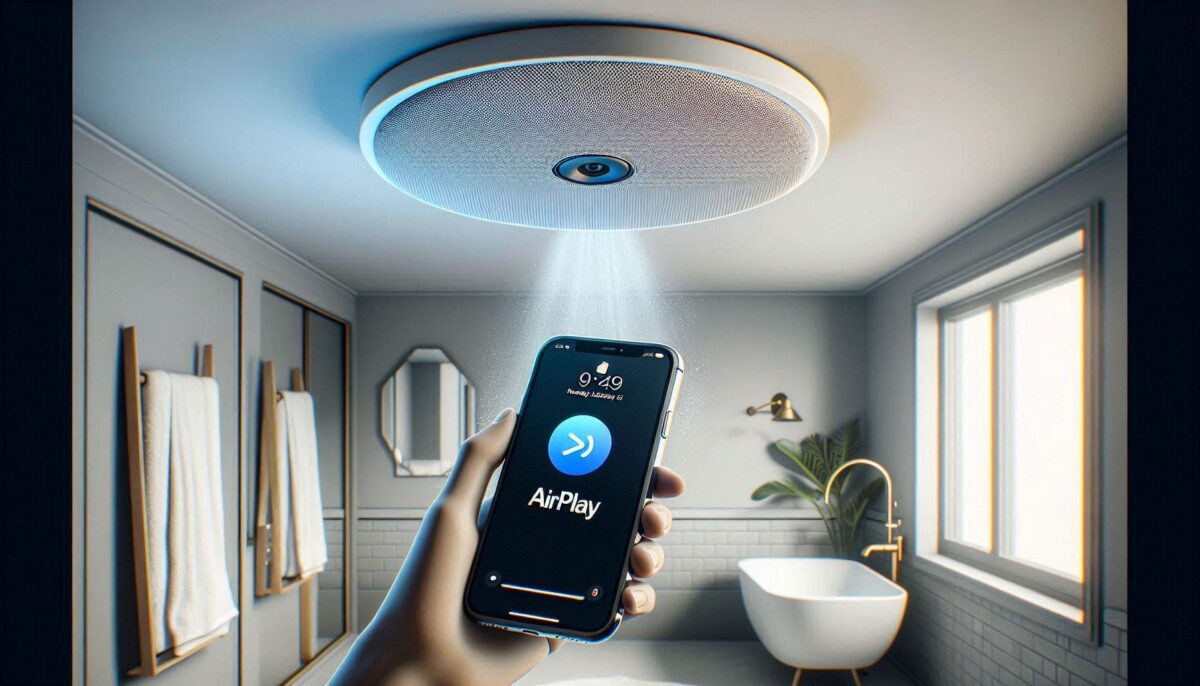 A hand holds a smartphone displaying AirPlay near a modern ceiling speaker in a stylish bathroom with a bathtub and towels.