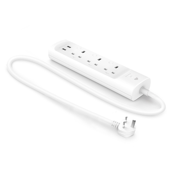 TPLink Kasa KP303 White power strip with three UK outlets and 2 USB A port. A white cord for plugging in.