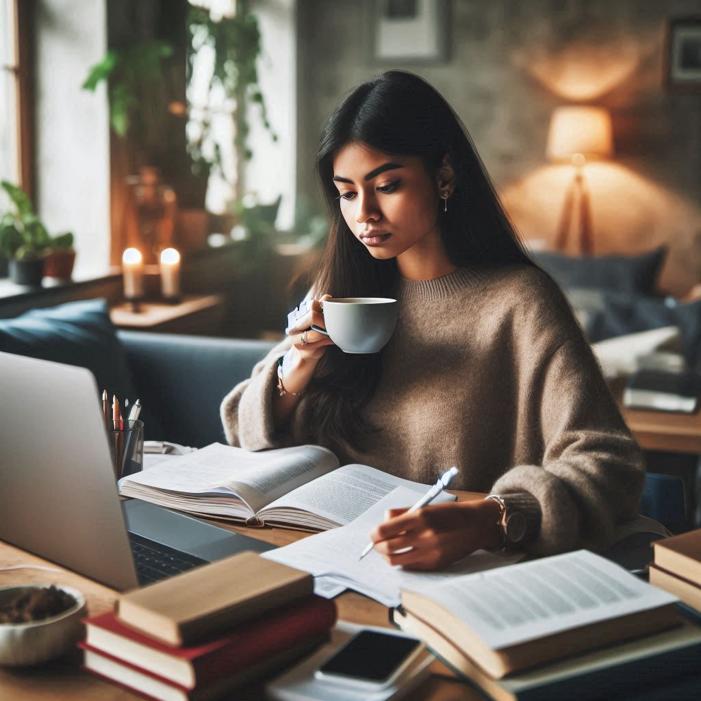 A woman in a cozy sweater sits at a desk, sipping coffee while studying with books and a laptop nearby.