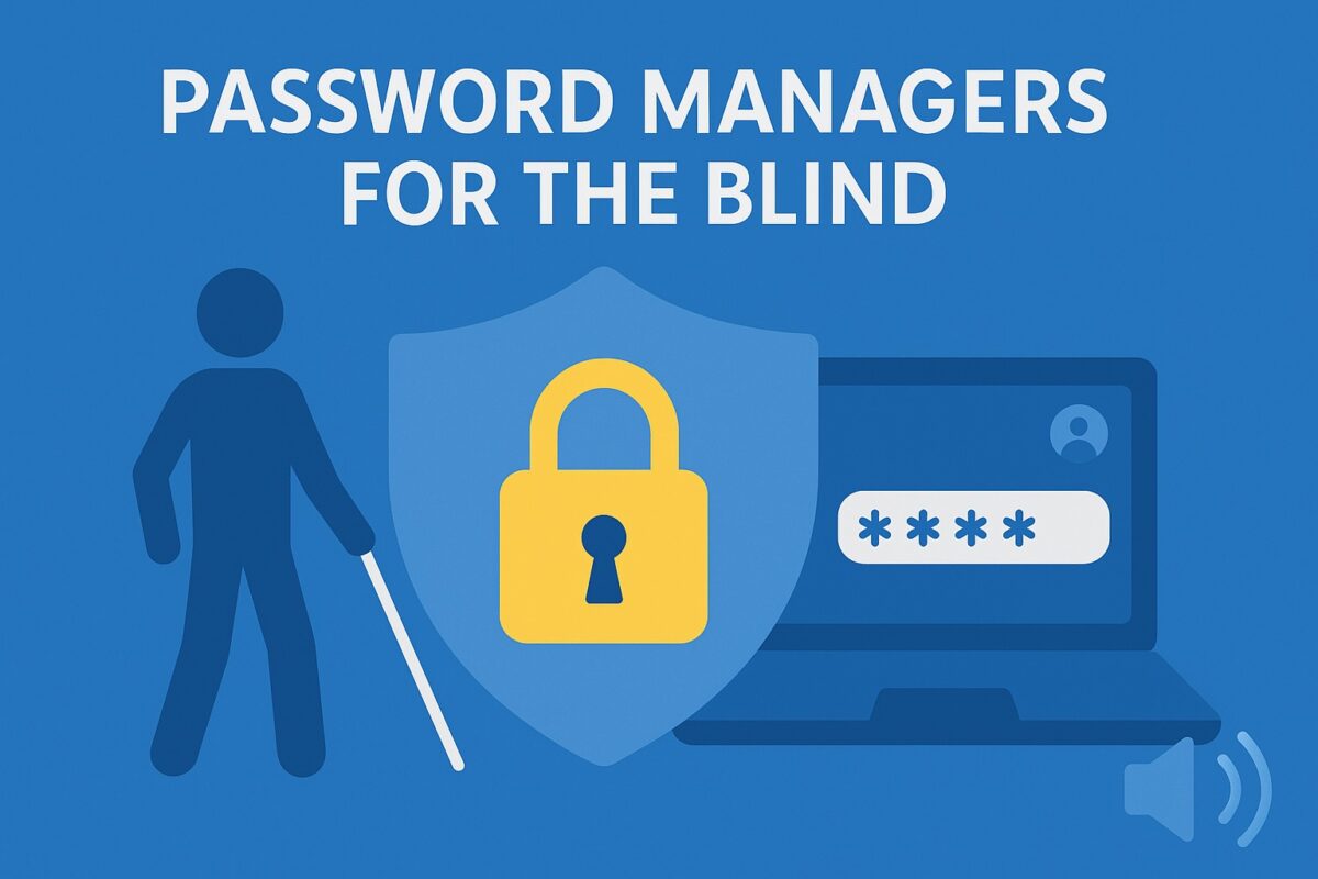 A digital illustration on a blue background showing a blind person with a white cane standing next to a large laptop displaying a password entry field. A shield icon with a yellow padlock is centered above the laptop. The title “Password Managers for the Blind” is prominently displayed at the top, symbolising security and accessibility in digital password management.
