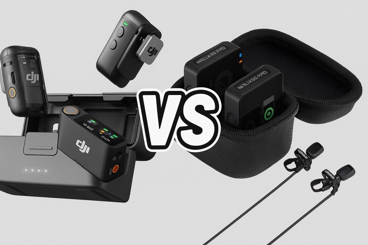 The image shows two wireless microphone systems side by side for comparison. On the left is the DJI Mic 2 system, consisting of a rectangular charging case with two small transmitters, one of which is floating above the case, and a receiver with a small display. On the right is the Rode Wireless Pro system, which includes three small square units inside an open textured black zip case, along with two lavalier microphones placed in front of the case. In the centre, between the two systems, is a large bold "VS" in black letters with a white sticker-like background.