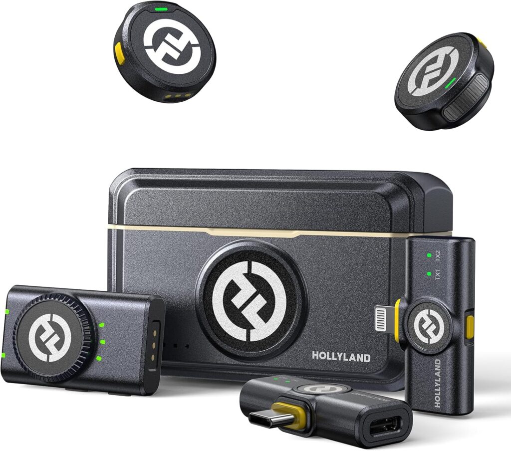 Holyland Lark M2 multiple connector pack. Two microphones which are round and appear to be the size of Apple Airtags. A rectangular case with flip lid and then 3 recievers. One with a USB C connector, one with lightening and one that has 3.5mm for connecting to a camera. The Lightening and USB C have the connector out of the top in the center, so they sit close to the bottom of your phone.