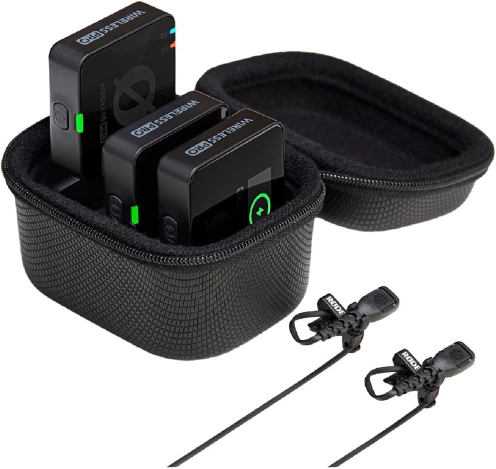 Rode Wireless Pro microphone system shown inside a small textured black zip case. The case holds three compact black wireless units with green and orange LED indicators. Two Rode-branded lavalier microphones with clips are placed in front of the case.
