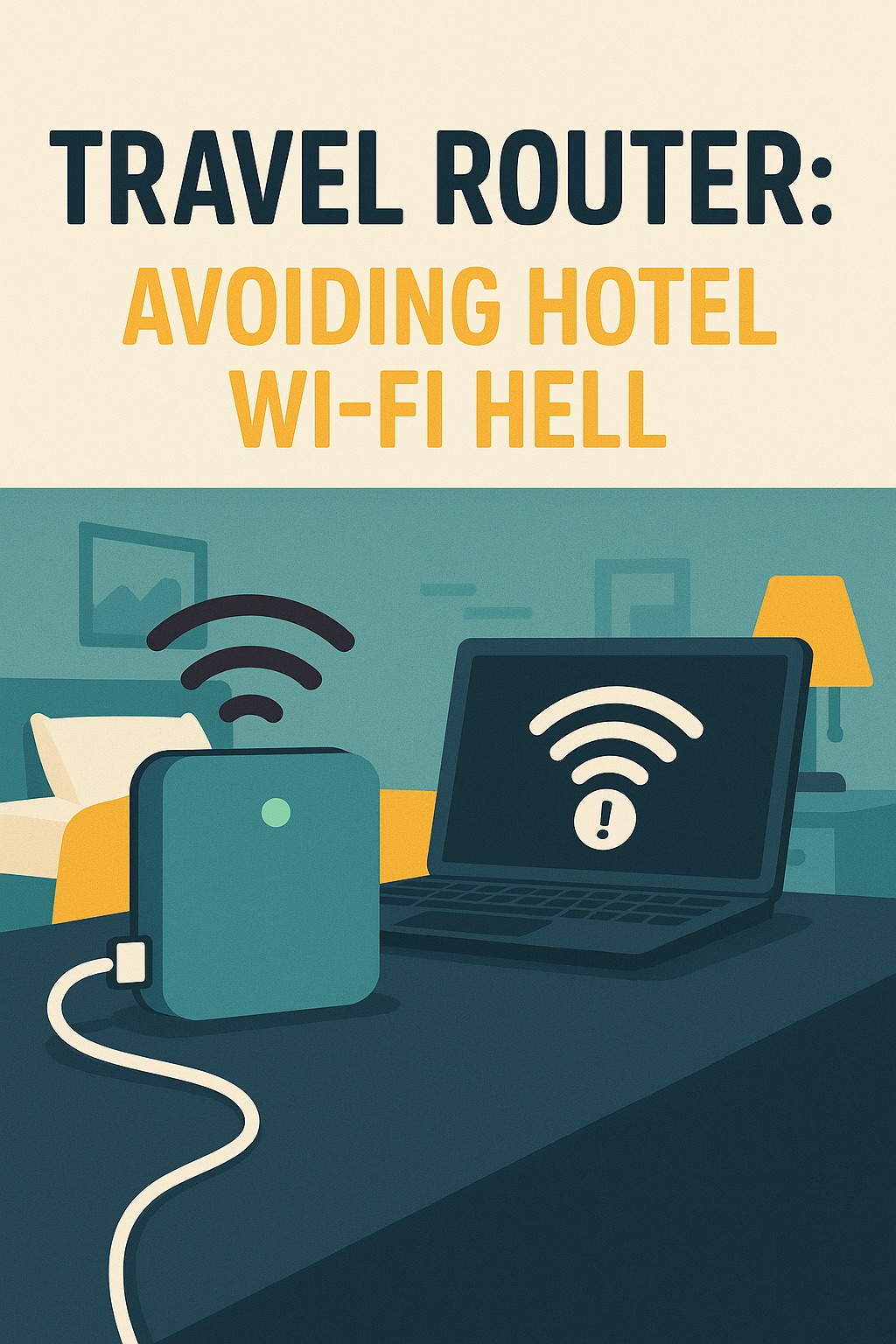 Illustration for a blog post titled “Travel Router: Avoiding Hotel Wi-Fi Hell”. The top section has large, bold black and orange text on a light beige background. Below, a flat-design hotel room is shown with a teal travel router emitting Wi-Fi signals on a table next to a laptop displaying a weak Wi-Fi error symbol. A bed, framed picture, and lamp are visible in the background.