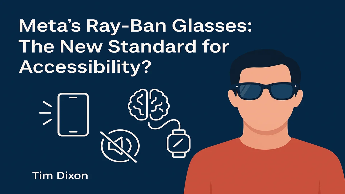 Minimalist vector illustration of a person wearing smart glasses, with icons of a phone, brain, mute symbol, and smartwatch representing accessibility features, on a navy background with the title text and “Tim Dixon” watermark.