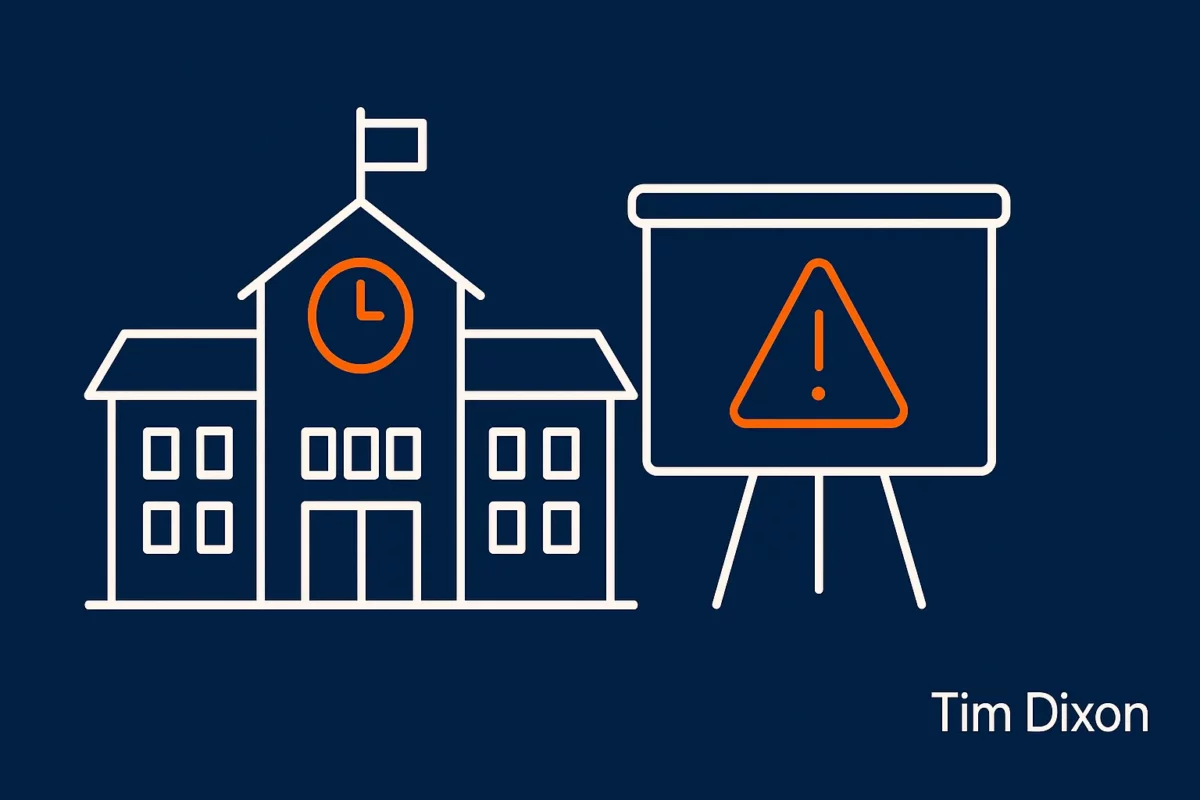 Minimalist illustration on a navy background showing a white outline of a school building with an orange clock and flag, beside a presentation board with an orange warning triangle, with “Tim Dixon” watermark in the bottom right.