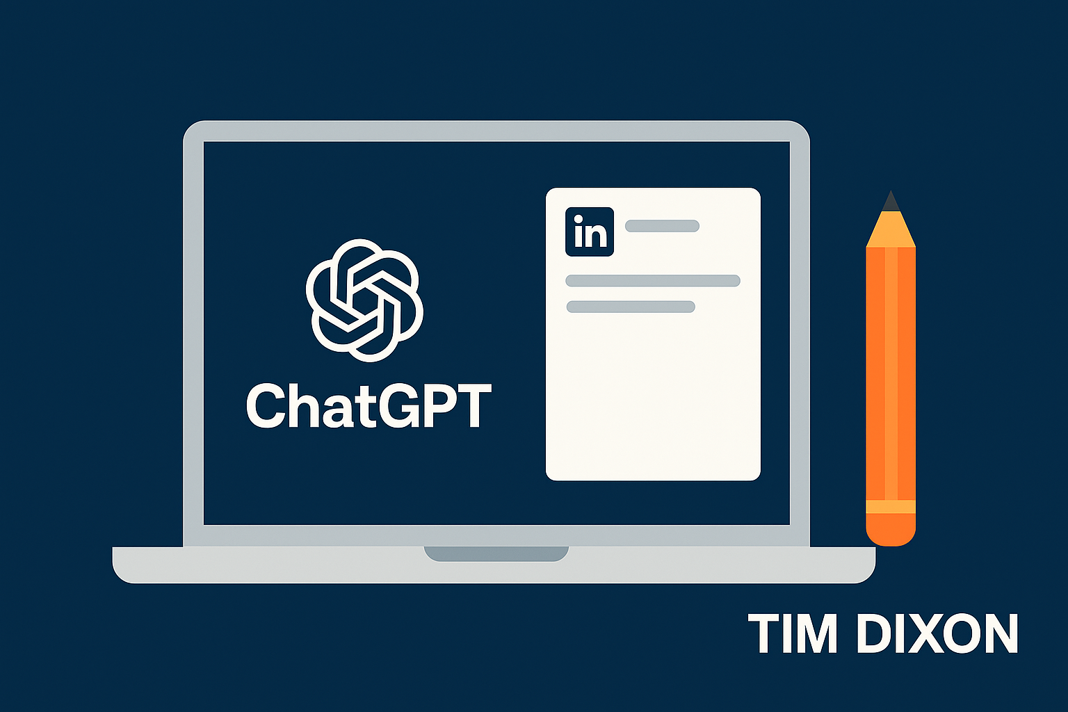 A wide minimalist vector illustration showing a laptop with the ChatGPT logo on the left side of the screen and a LinkedIn post preview on the right, with an orange pencil beside it and a clear “Tim Dixon” watermark in the bottom-right corner.