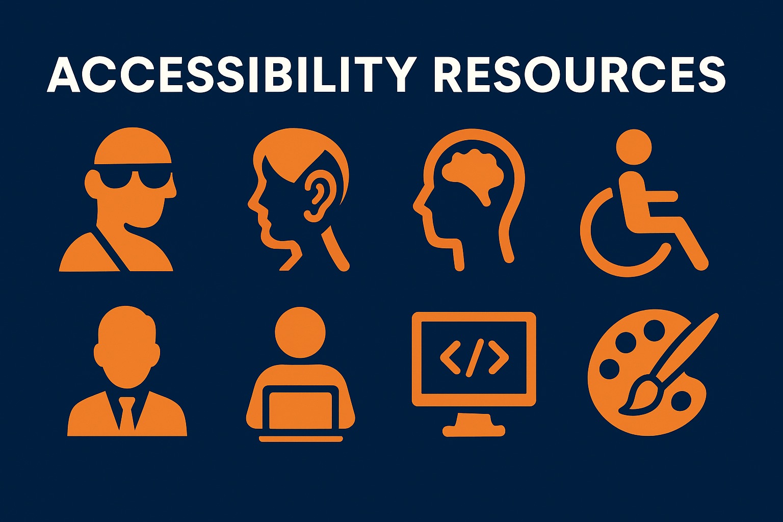Header graphic with the title ‘Accessibility Resources’ above eight orange icons on a navy background, representing blind, deaf, neurodivergent, mobility, employer, content creator, developer, and designer roles.
