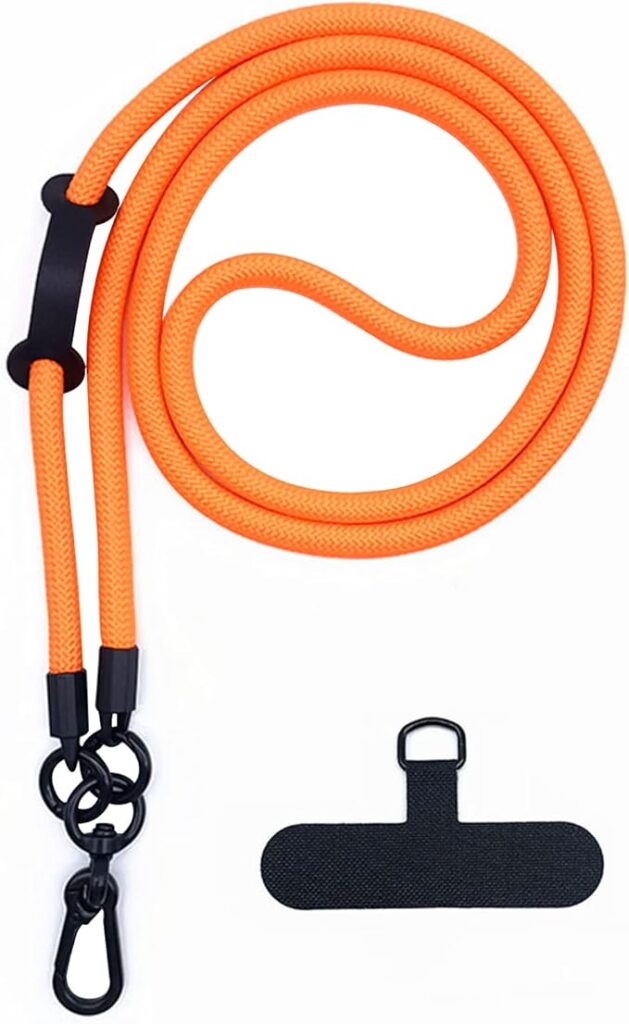 Orange lanyard connected to an iPhonee with black clips. Additional black clips for glasses or another device are position further up the lanyard. A tag to place in the iPhone case with a tab to stick out through the charging port hole. the tab has a hole in it for the lanyward to connect to.