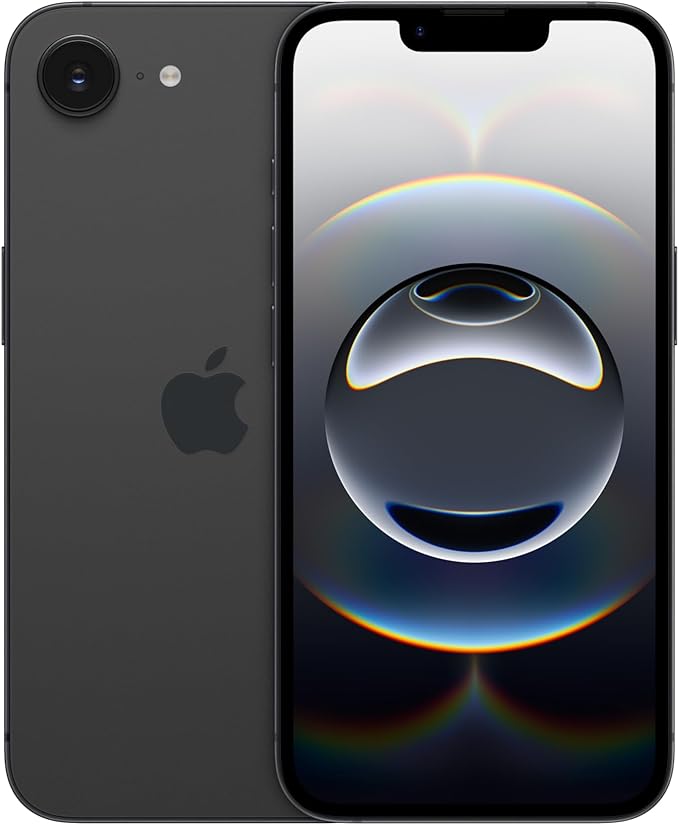 Black iPhone 16e, showing the back on the left and the front screen of the 16e on the right. 