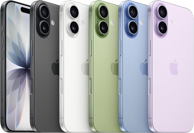 iPhone 17 phones showing off the colour range with the back showing two camera lenses on each. Colours are Black, White, Sage, Mist Blue and Lavendar