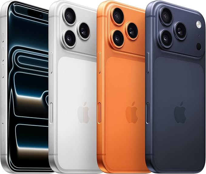 iPhone 17 Pro phones showing the range of colours - WhiteCosmic Orange and Deep Blue. The phones have a wider platau for the cameras and lidar, now going across the full width of the phone.