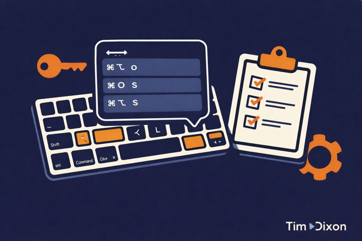 Flat vector illustration on a navy background showing a white keyboard with highlighted orange keys, a floating shortcuts panel above it, a clipboard with orange checkmarks to the right, and a small orange gear icon, with “Tim Dixon” in white in the bottom-right corner.