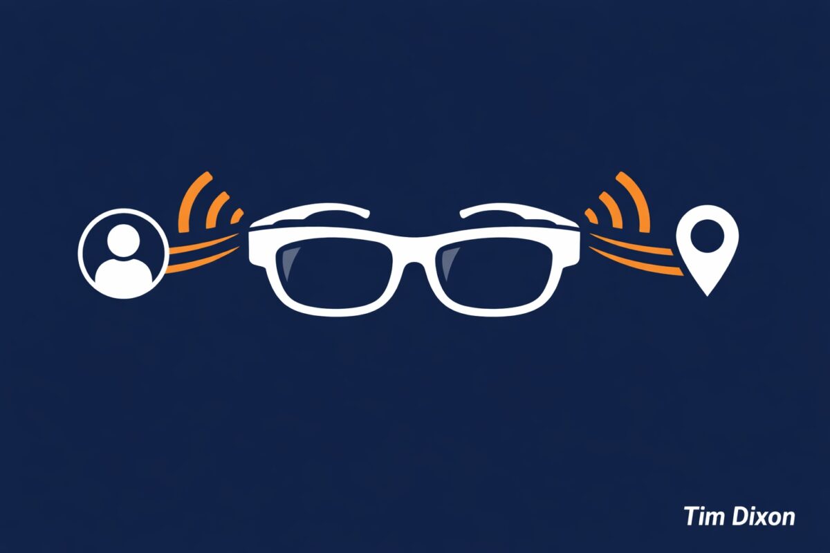 Minimal illustration of smart glasses emitting orange signal waves toward a person icon and a location pin on a dark navy background, with a “Tim Dixon” watermark in the bottom-right.
