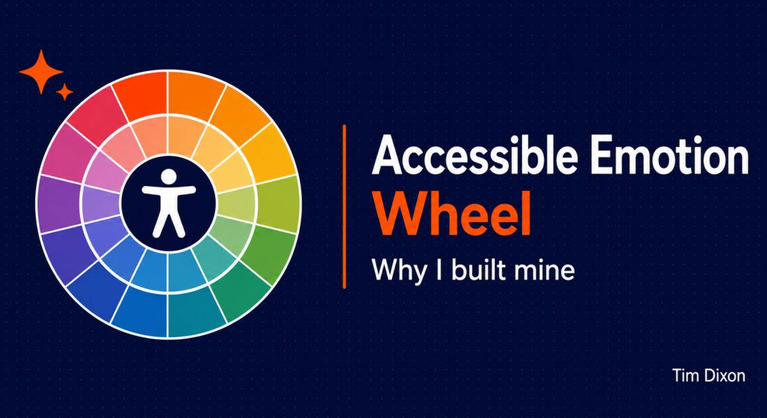 A colourful three-layer emotion wheel with a white accessibility figure at its centre on a navy background, beside the text “Accessible Emotion Wheel: Why I built mine”. Tim Dixon watermark at the bottom right.