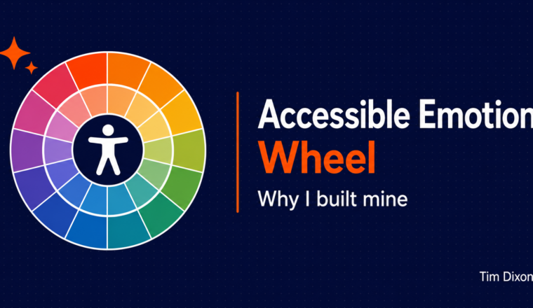 A colourful three-layer emotion wheel with a white accessibility figure at its centre on a navy background, beside the text “Accessible Emotion Wheel: Why I built mine”. Tim Dixon watermark at the bottom right.